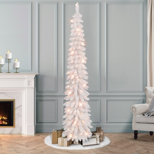 Puleo International 7 ft PreLit Flocked White Artificial Alpine Pencil Tree