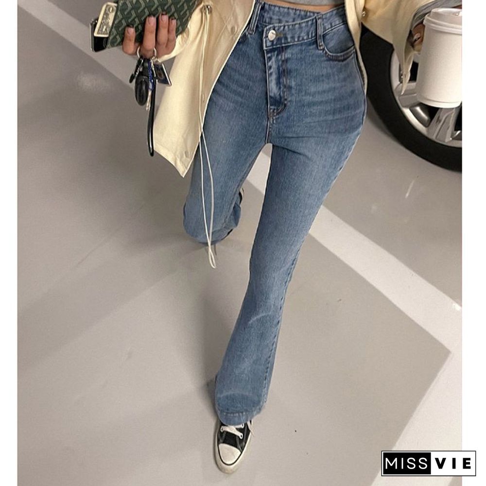 Asymmetric Waist Irregular Side Slit Bootleg Jeans