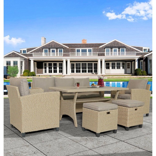 6pc Outdoor Wicker Conversation Set With Arm Chairs Sofa Ottomans amp Coffee Table Brown Godeer