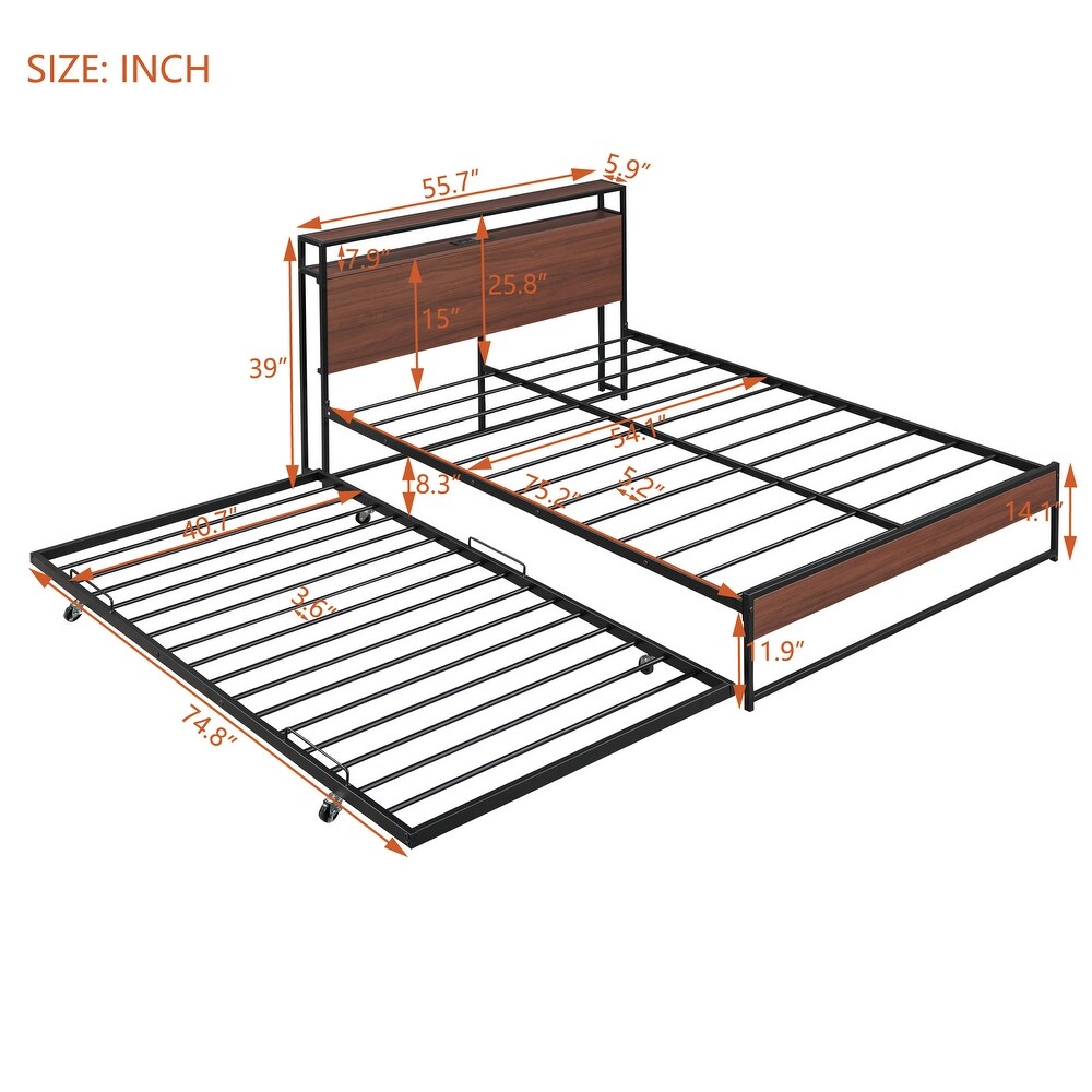 Classic Elegant Full Size Metal Platform Bed Frame with Trundle  USB Ports