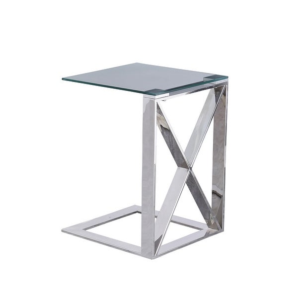 22 Inch Metal X Frame Glass Top Side Table， Silver