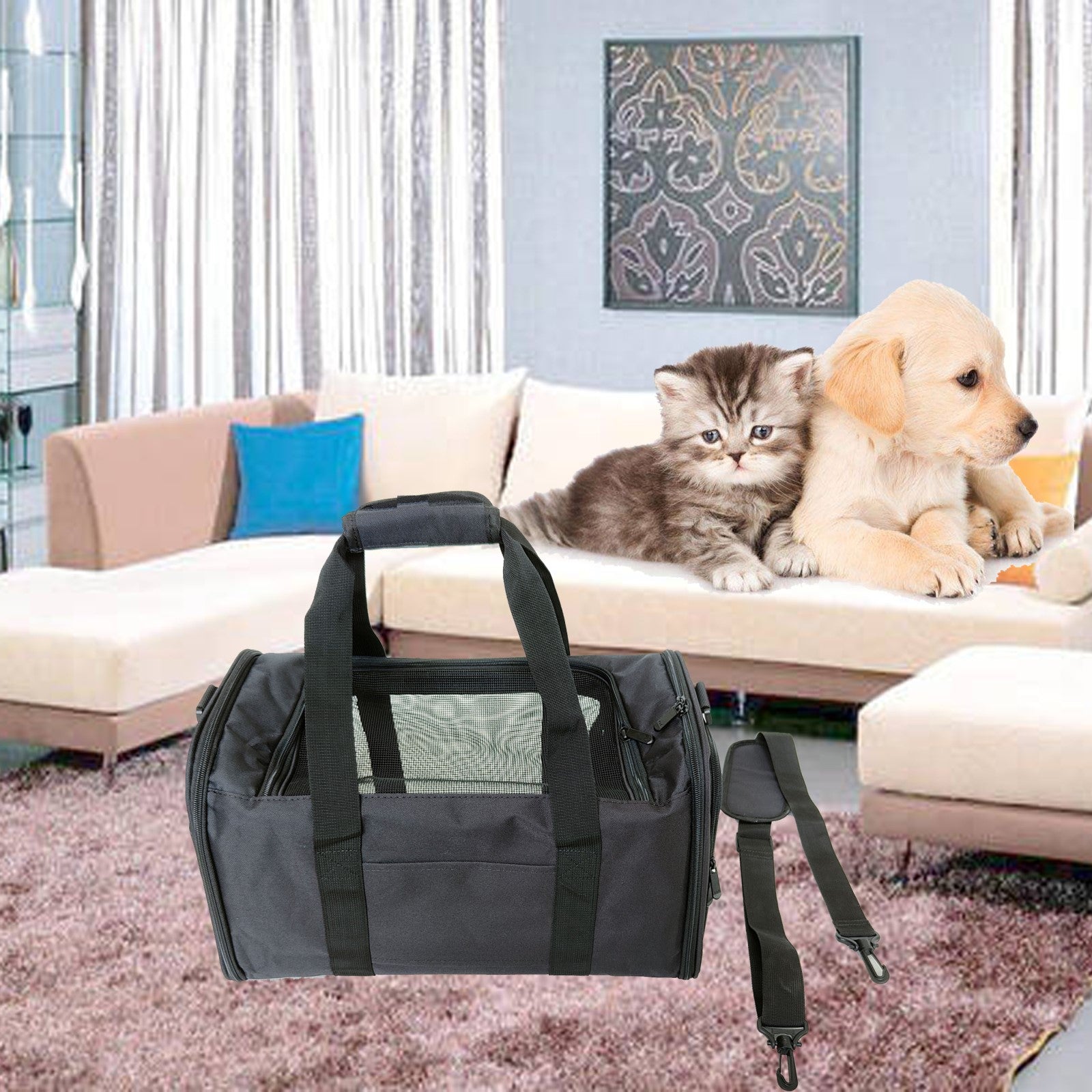 Portable Collapsible Pet Travel Carrier，Puppy Cat Dogs Bag Airline Approved Soft-Sided Collapsible Removable Kennel Bag