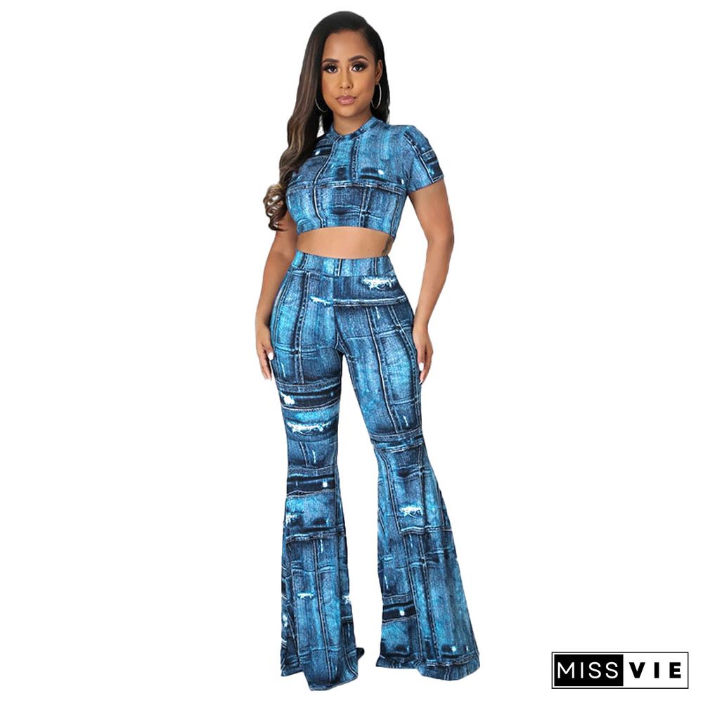 Short Sleeve Crop Top+Bell-bottoms 2 Piece Pants Set