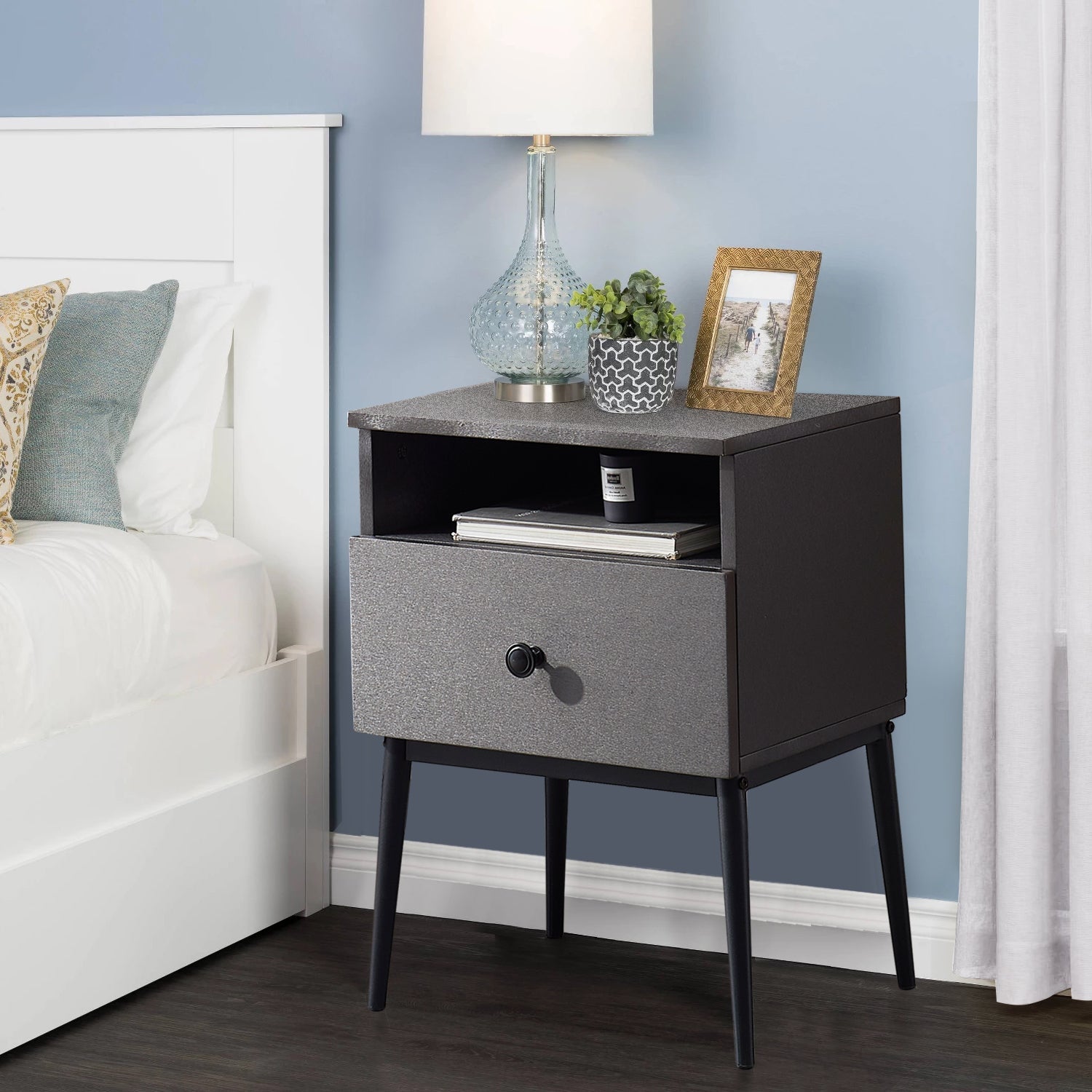 VECELO Mid-Century Nightstand with Drawer, Modern Side End Table with Cubby Space for Bedroom/Living Room/Office, Gray