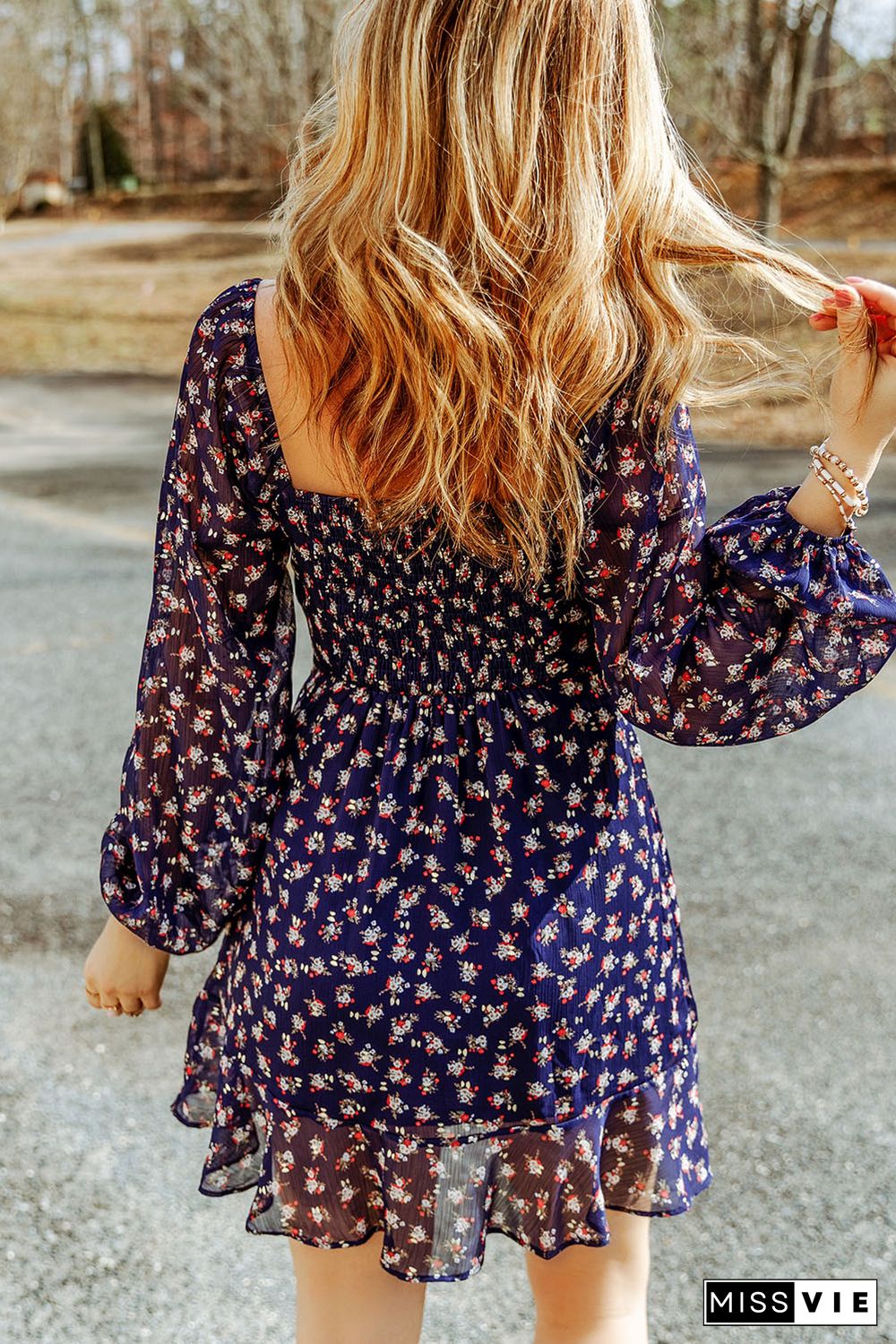 Blue Floral Print Smocked Square Neck Bubble Sleeve Dress