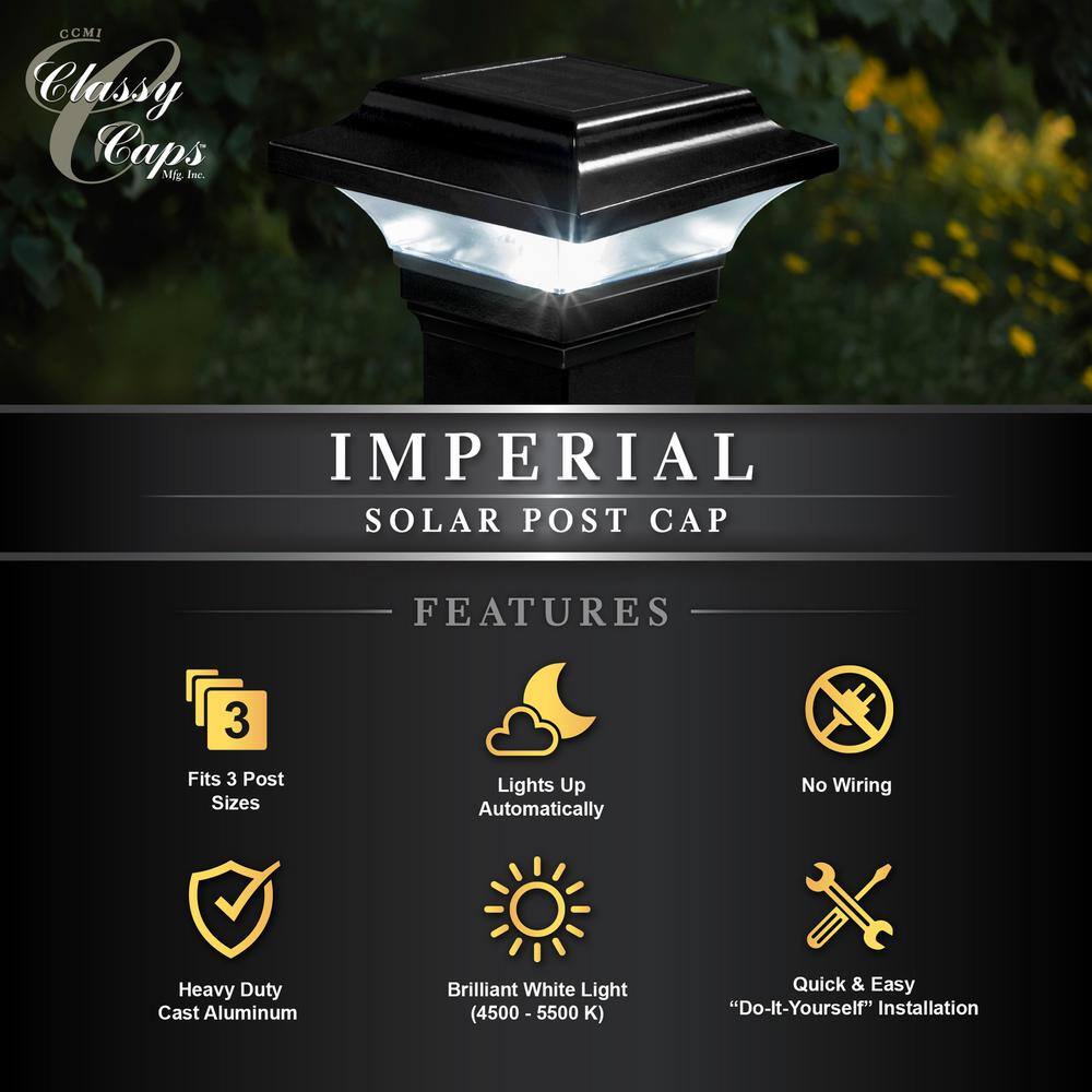 CLASSY CAPS Imperial 2.5 in. x 2.5 in. Outdoor Black Cast Aluminum LED Solar Post Cap (2-Pack) SLO82B