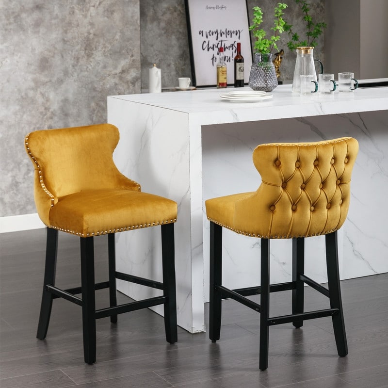 Velvet Wing-Back Barstools with Button Tufted Decoration，Set of 2