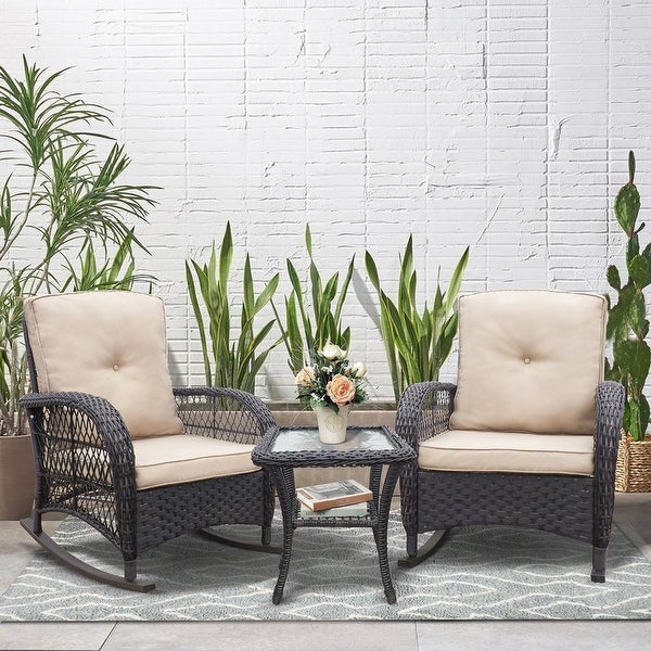 3-Pieces Conversation Set， Outdoor Wicker Rocker Swivel Patio Bistro Set， Rocking Chair with Glass Top Side Table for Garden - Overstock - 38006823