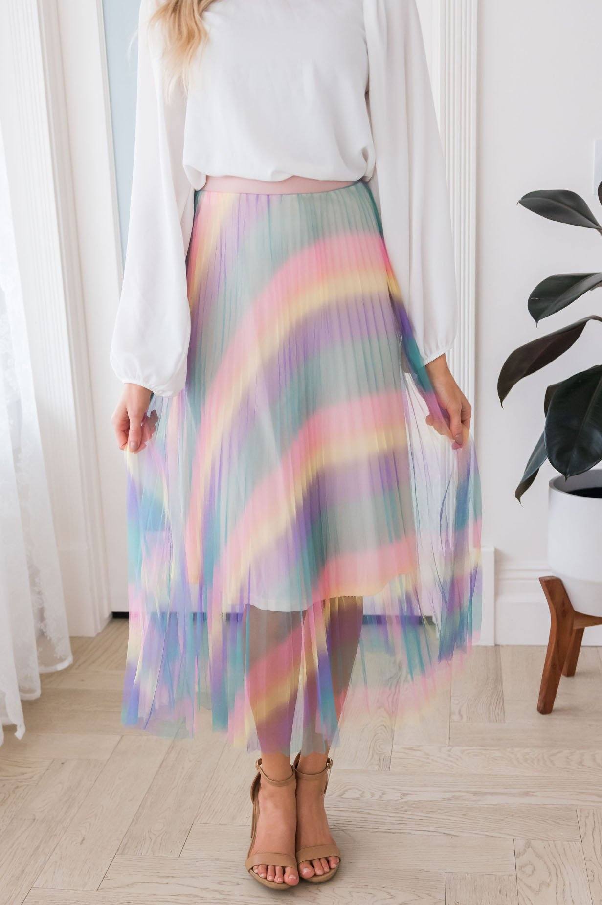 Vibrant Rainbow Modest Tulle Skirt