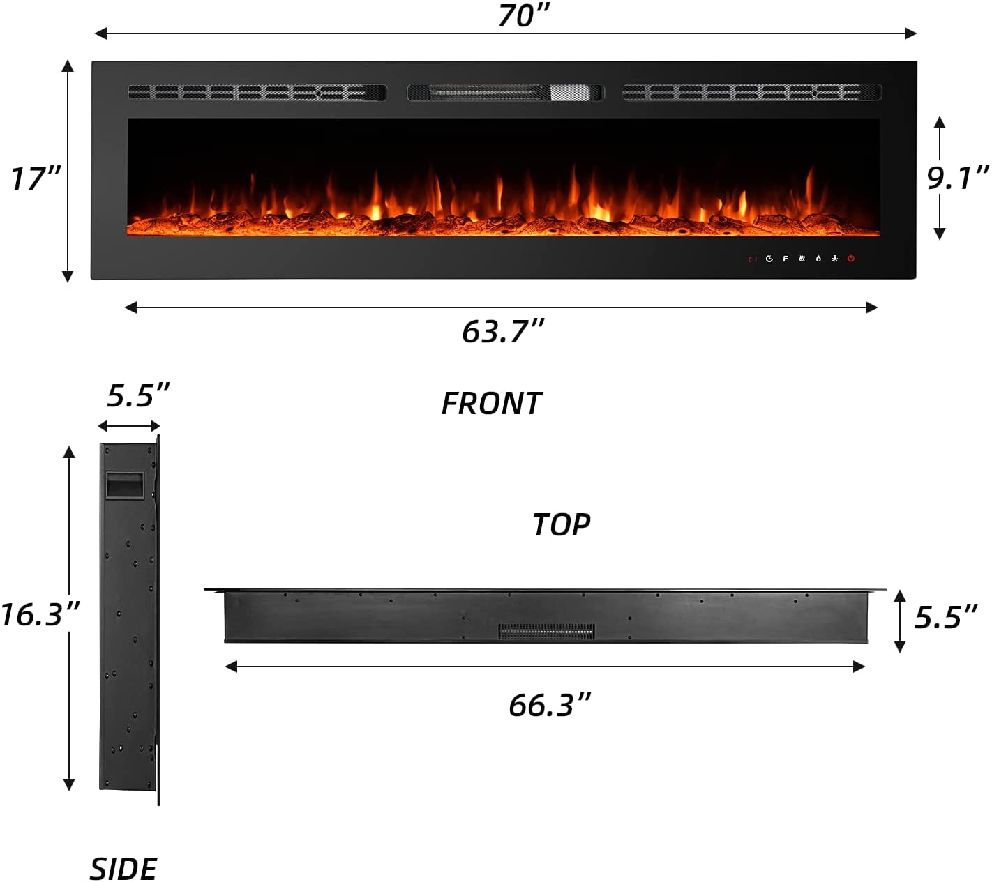 Erommy 70" Electric Fireplace, Recessed and Wall Mounted Fireplace Heater with Remote Control & Touch Screen, 9 Color LED Flamer, 750/1500W