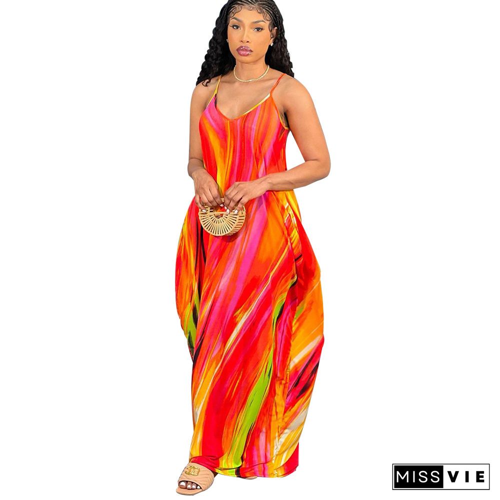 Tie Dye Print Loose Pockets Floor Length Dresses