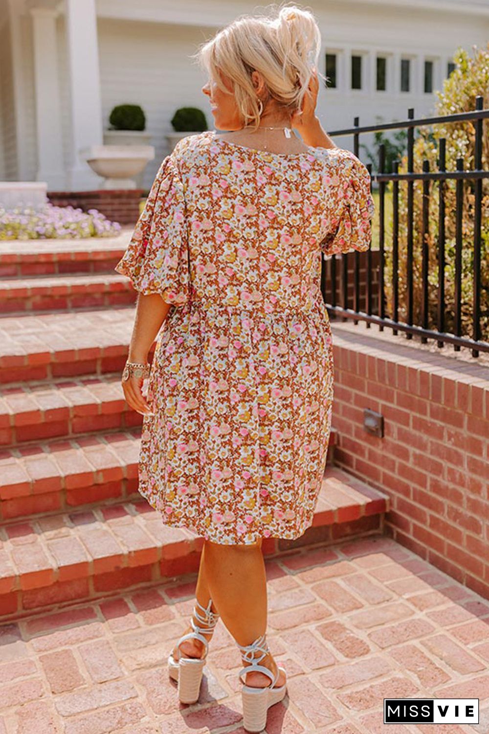 Multicolor Plus Size Floral Print Puff Sleeves Dress