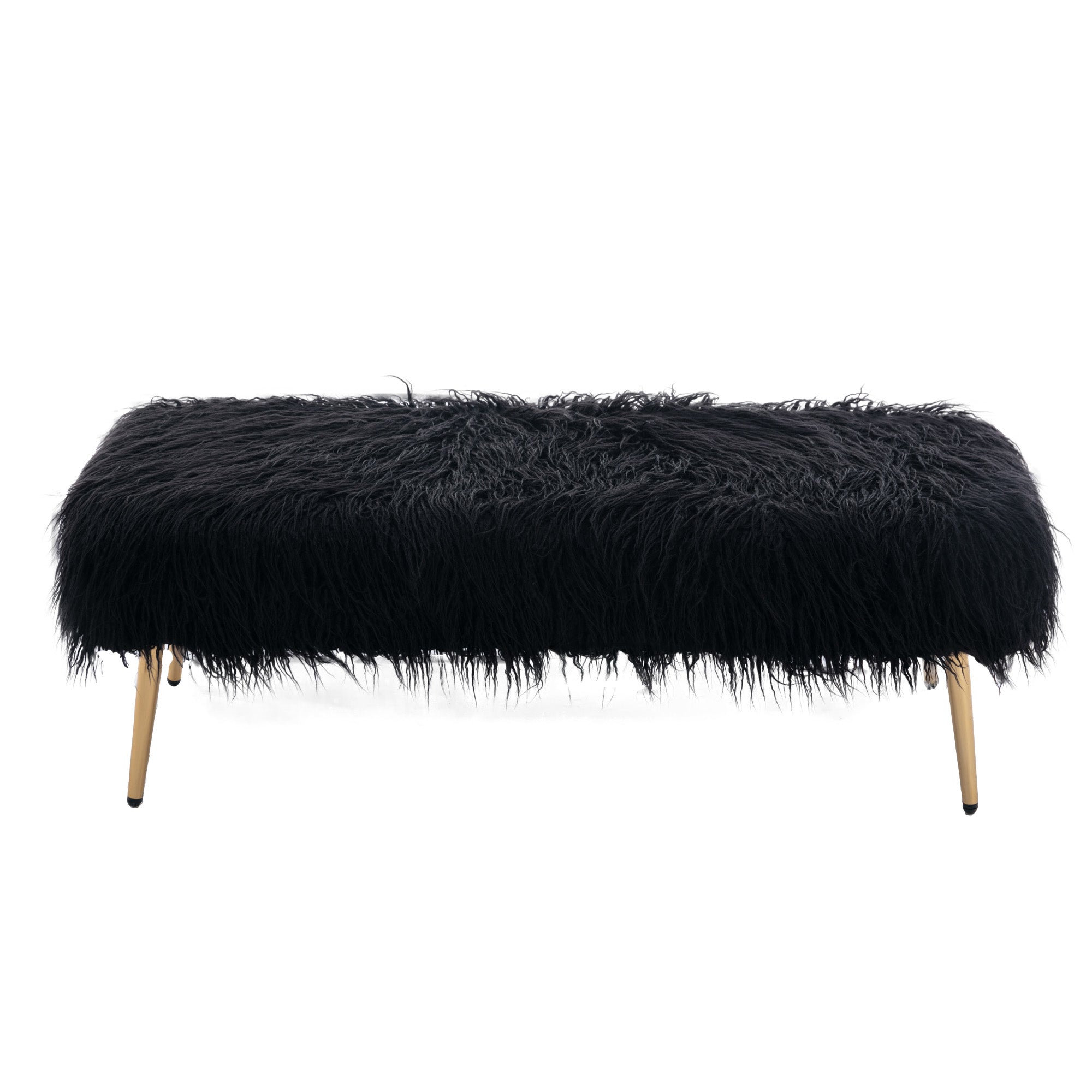 Seizeen Black Faux Fur Plush Bench, Modern Fluffy Upholstered Bench with Gold Metal Legs, End of Bed Long Ottoman Bench, for Entryway, Bedroom, Living Room, L0462