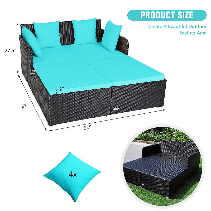 Spacious Outdoor Rattan Daybed with Upholstered Cushions and Pillows