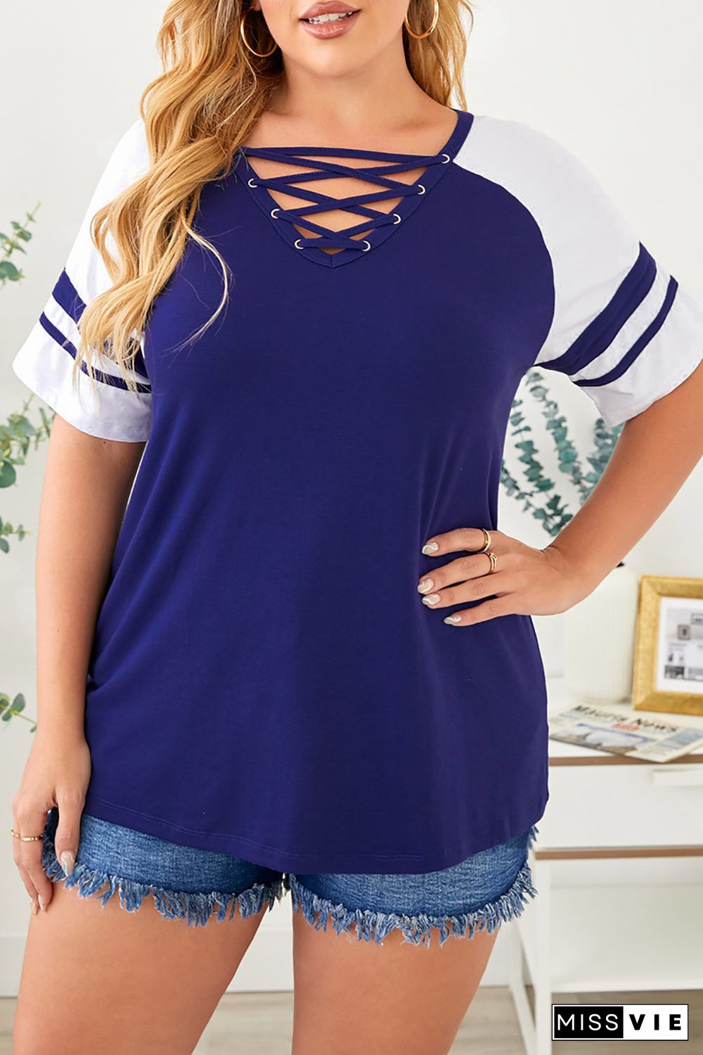 Blue Crisscross V Neck Raglan Sleeve Plus Size Tee