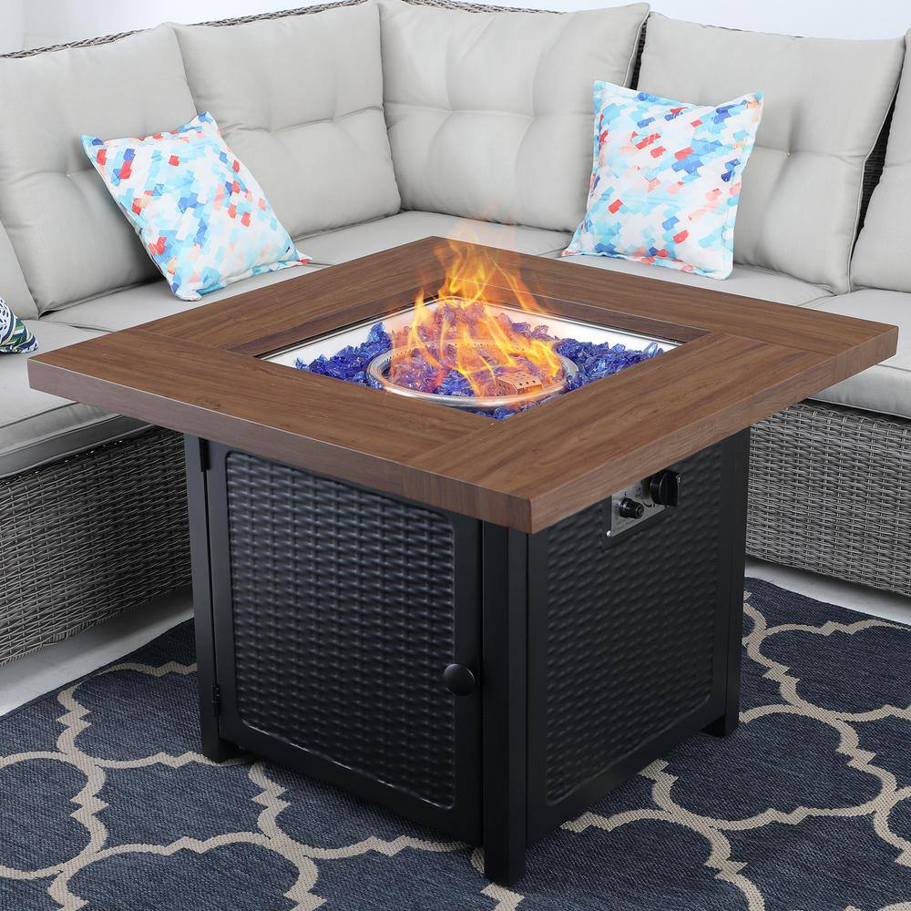 PHI VILLA 33.9 in. W x 25.2 in. H Square Wood-like Metal Steel Gas Fire Pit Table with Cover and 50000 BTU Burner THD-E02GS002