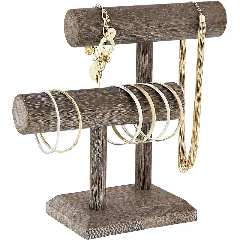 Rustic 2-Tier Jewelry Stand Organizer， Wooden T-Bar Necklace and Bracelet Holder for Accessories (8 x 4 x 9 In)