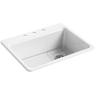 KOHLER Riverby Drop-In Cast Iron 27 in. 3-Hole Single Basin Kitchen Sink Kit in White K-8668-3A1-0