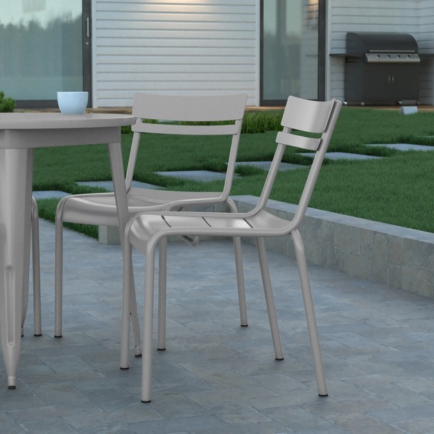 Emma And Oliver Armless Powder Coated Steel Stacking Dining Chair With 2 Slat Back For Indoor outdoor Use