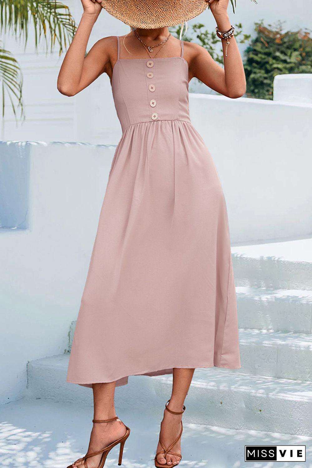 Sleeveless Buttoned Spaghetti Long Dress