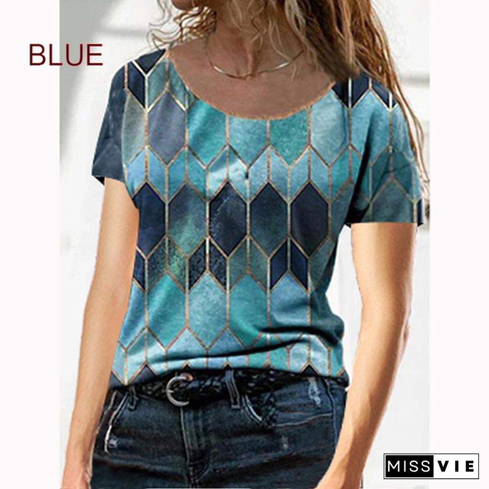 Women's Fashion Short Sleeved Round Neck T Shirt Summer Spring Painting Shirt Top Casual Loose Plus Size Blouse XS-8XL