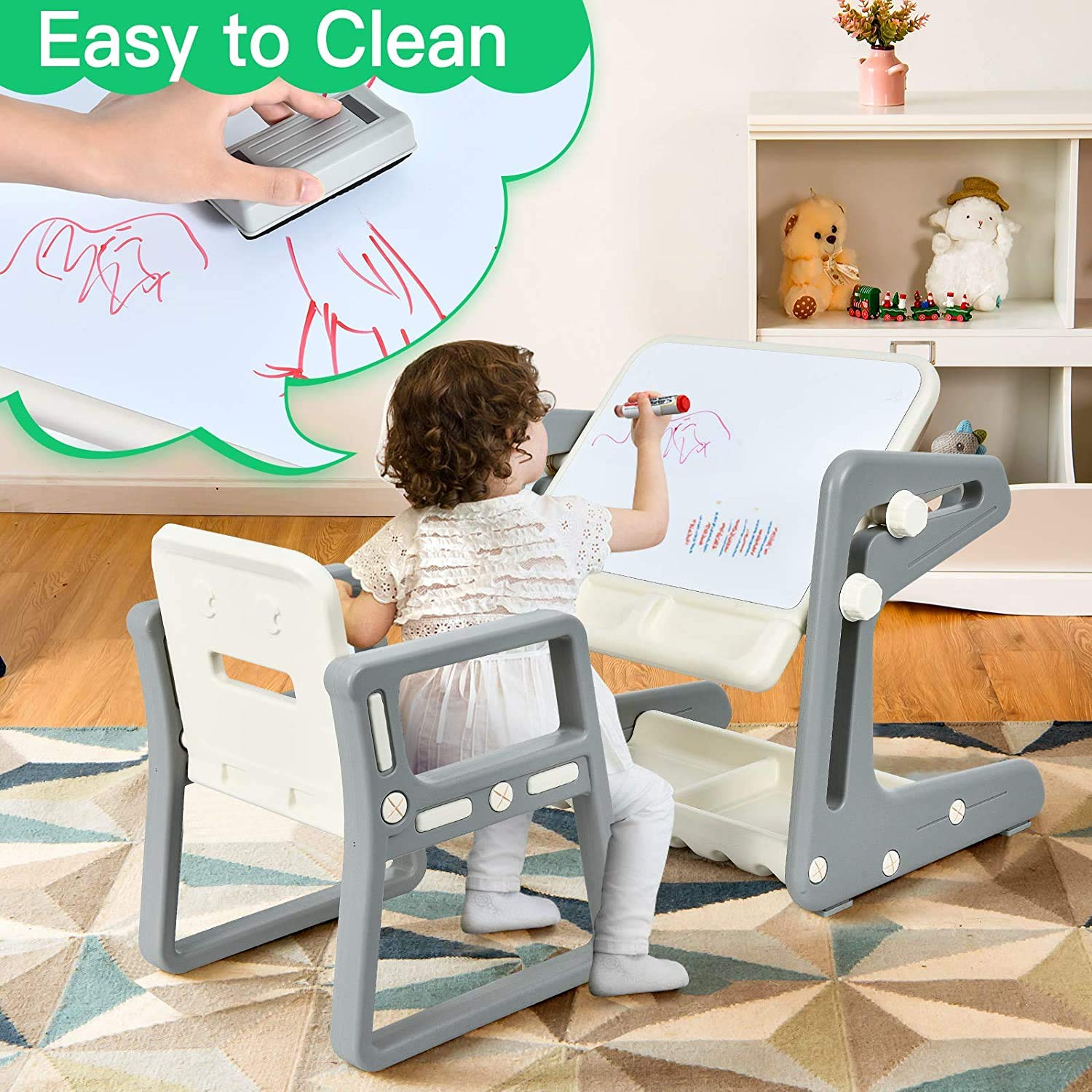 Costzon 2 in 1 Kids Table & Chair, Art Easel w/Adjustable Magnetic Painting Board, Storage Space