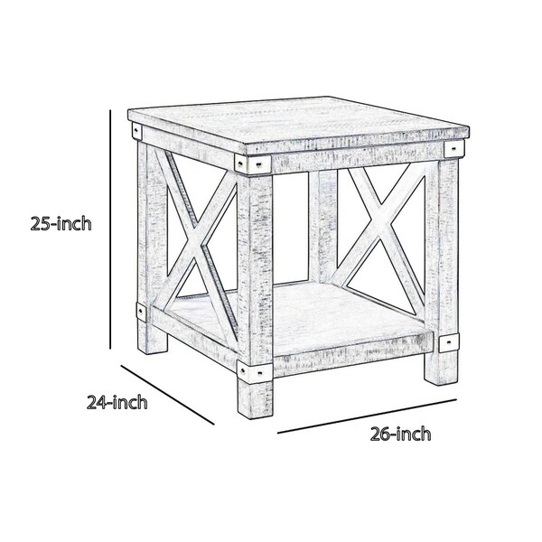 Farmhouse Style End Table with X Shaped Sides and Open Bottom Shelf， Gray