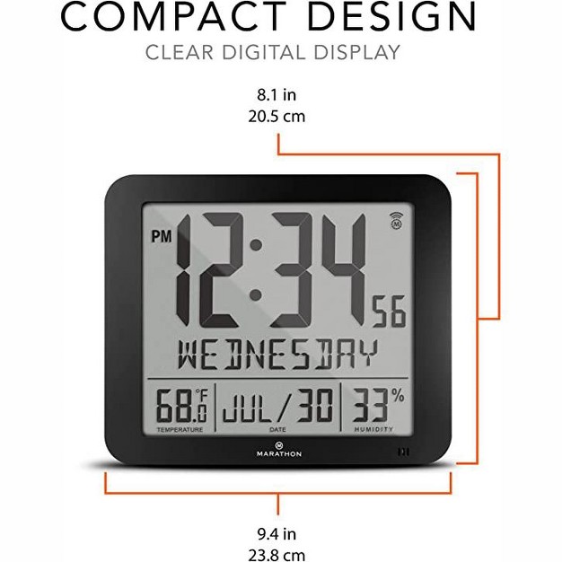 Marathon Slim Atomic Sleek And Stylish Wall Clock With Full Calendar Display Temperature amp Humidity