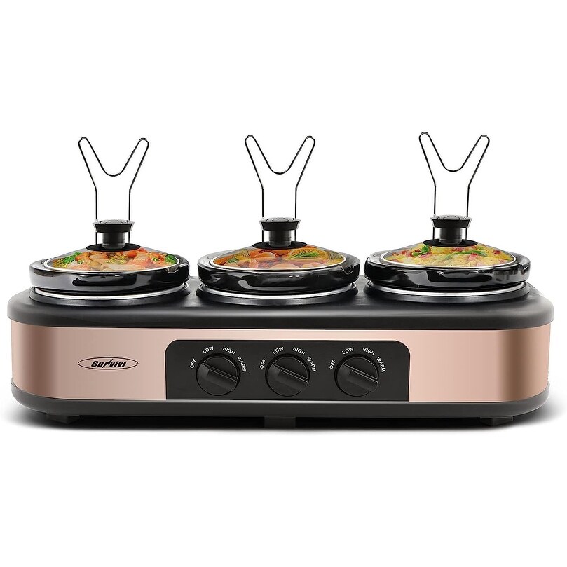 Triple Slow Cookers  3x1.5 Qt Food Warmer Adjustable Temp Buffet Server  Mini Crock Dips Pot  Glass Lid   Pot  with Lid Rests