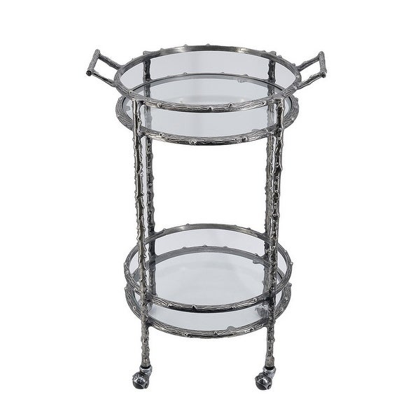 30 Inch Rolling Bar Cart， 2 Tier， Wheels， Aluminum Frame， Antique Silver