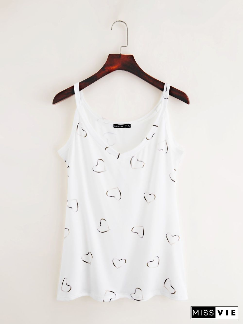 Casual Sleeveless V Neck Plus Size Heart Printed Tanks & Camis