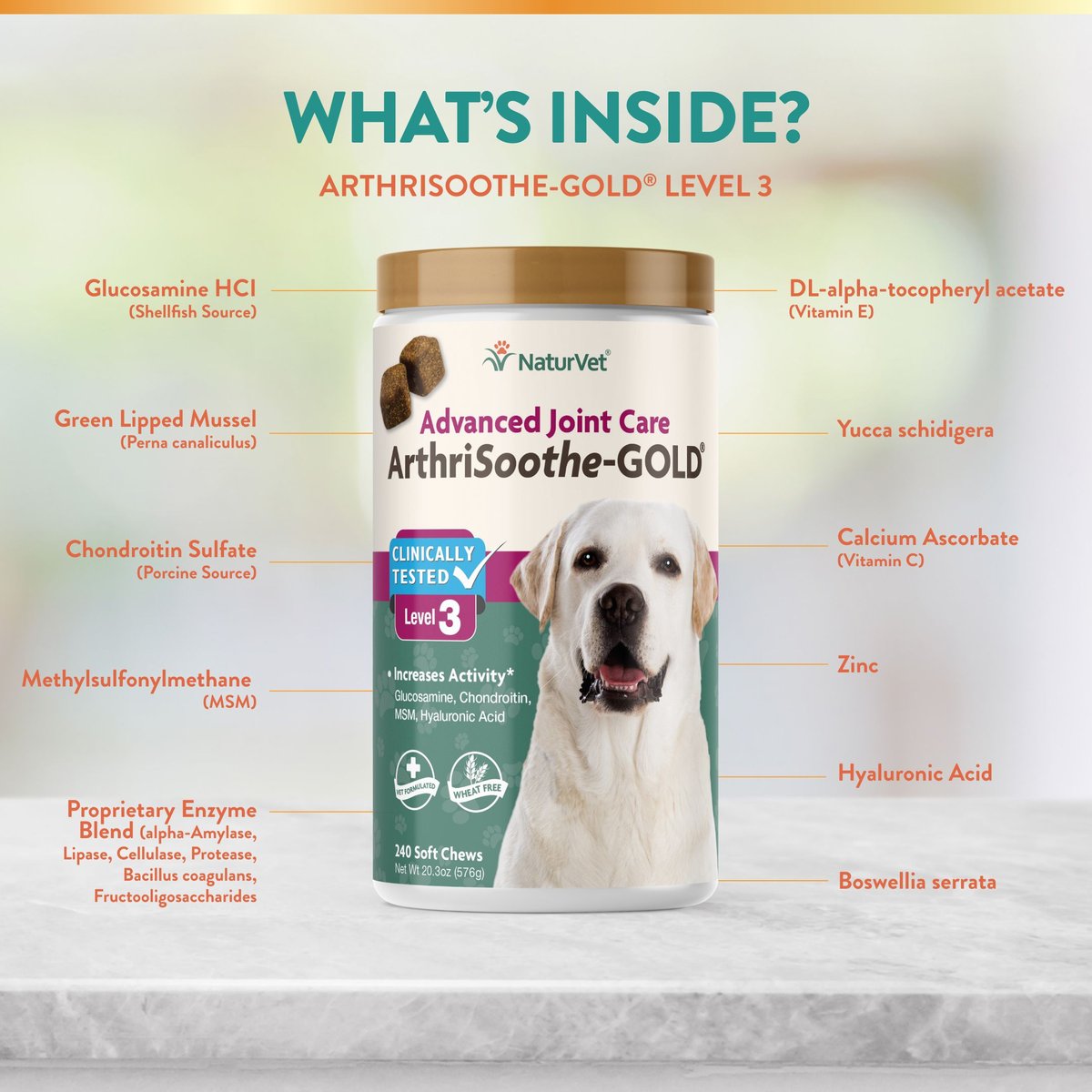 NaturVet ArthriSoothe-GOLD Level 3 MSM and Glucosamine Joint Supplement for Dogs and Cats， 240 count