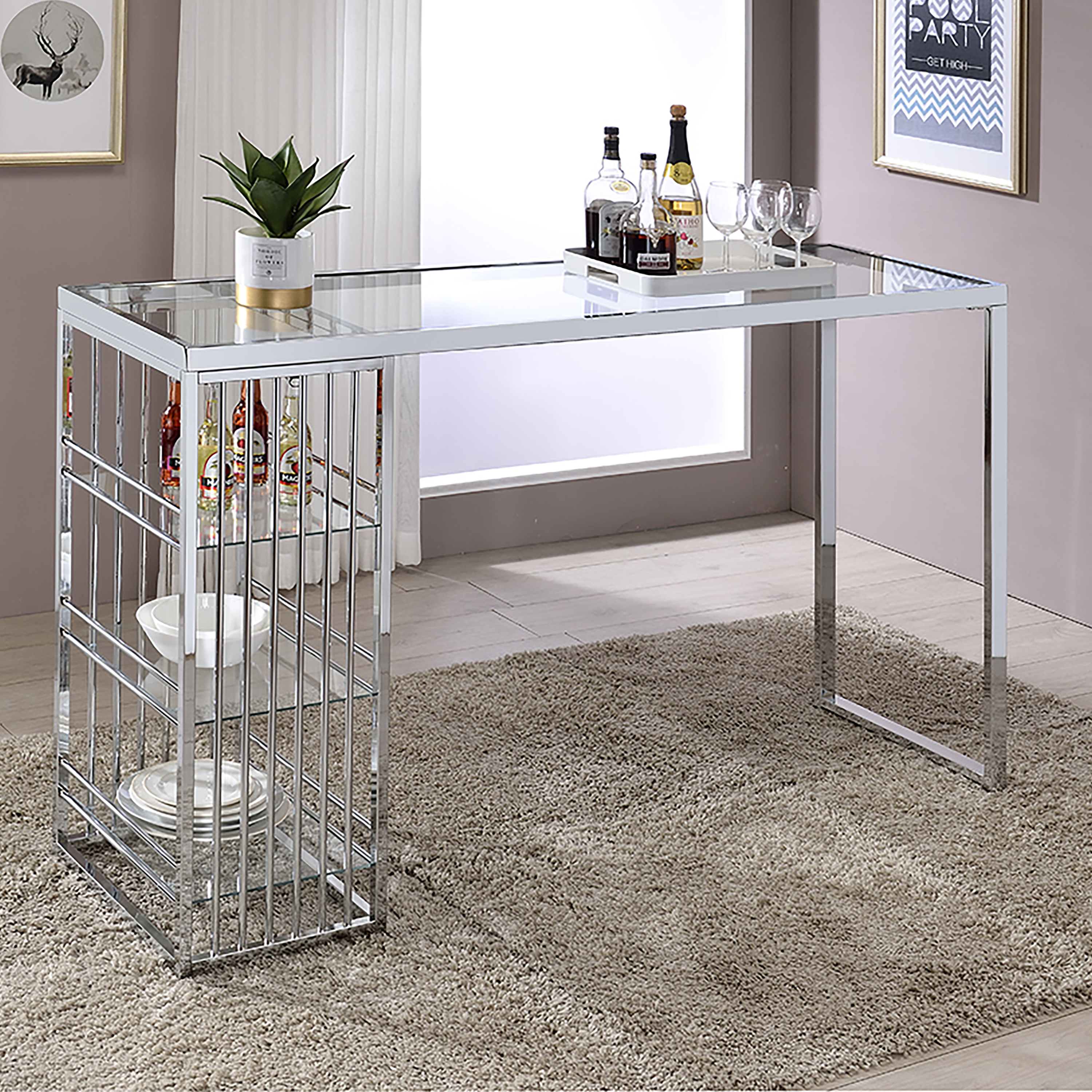 Furniture of America Towla Indoor Contemporary Glass Bar Table， Silver/Clear