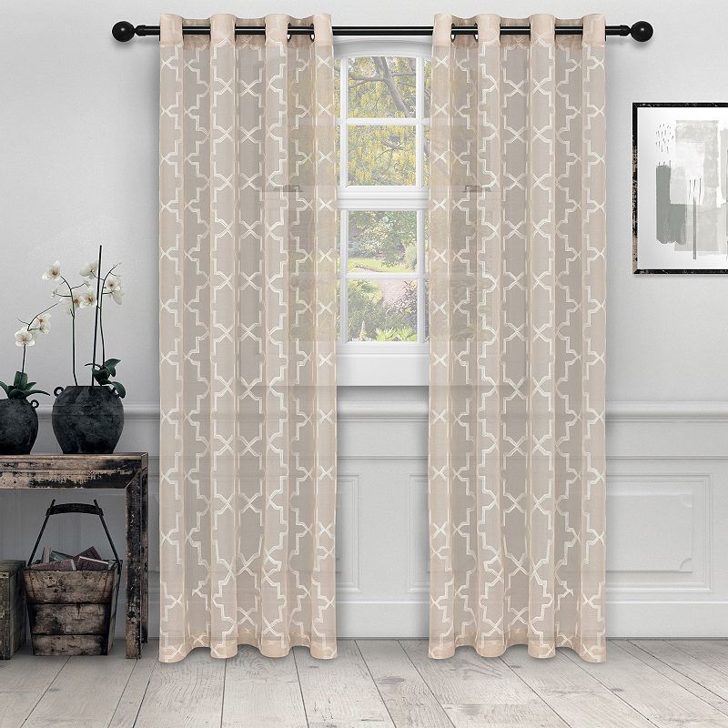 Superior Set of 2 Embroidered Semi-Sheer Quatrefoil Window Curtain Panels