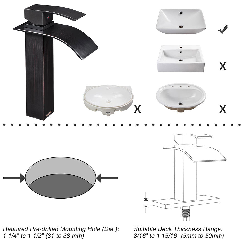 Aquaterior Waterfall Vessel Faucet Square 1-Handle Cold & Hot 10