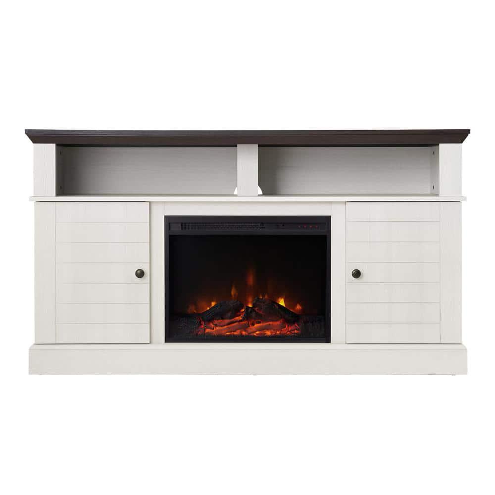 Teamson Home Eliana 60 in Electric Fireplace TV Stand Console with 23 in Insert and Remote Control in Dark Oak and White