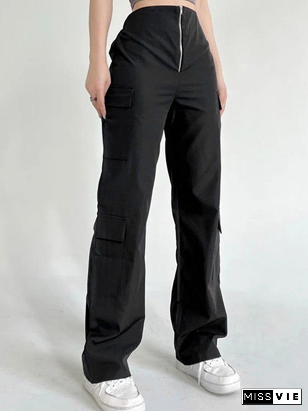 Front Zip Black Cargo Pants