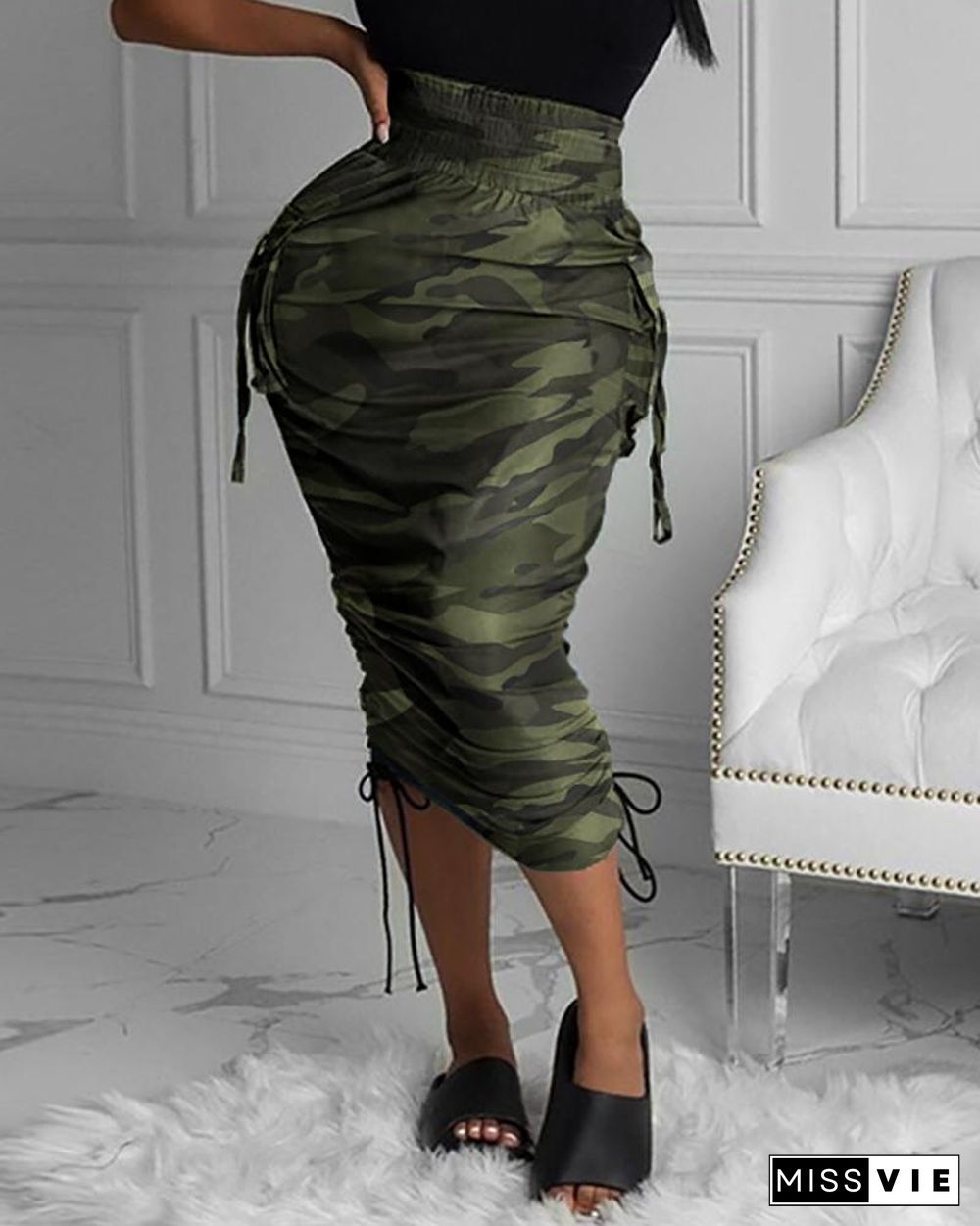 Camouflage Print Pocket Design Ruched Maxi Skirt P10440