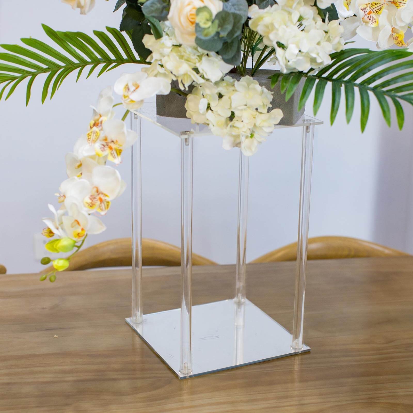 Clear Acrylic Flower Vase Pillar Column Stand With Square Mirror Base, Wedding Table Centerpiece 16