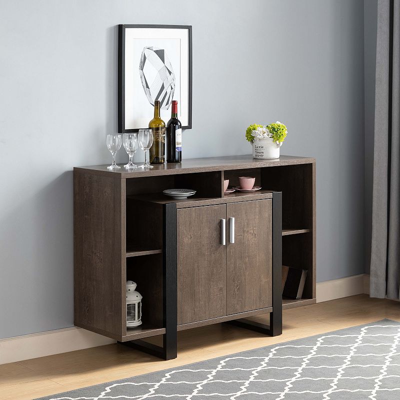 FC Design Walnut Oak and Black Buffet with 2 Door Cabinet and 6 Shelves