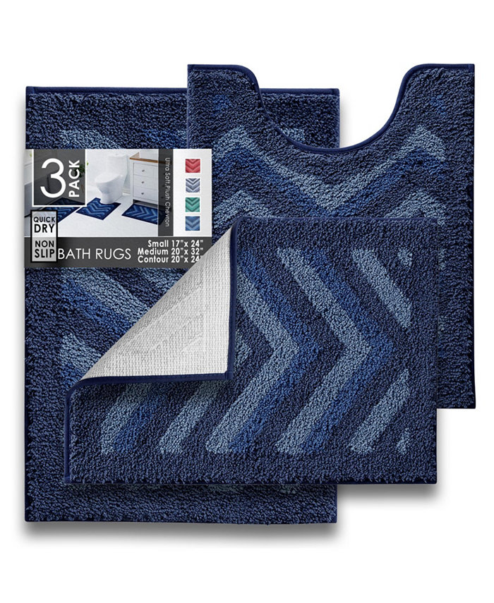 Clara Clark 3 Piece Ultra Soft Non Slip Shaggy Bath Rug - Chevron Design - Small Large and Contour