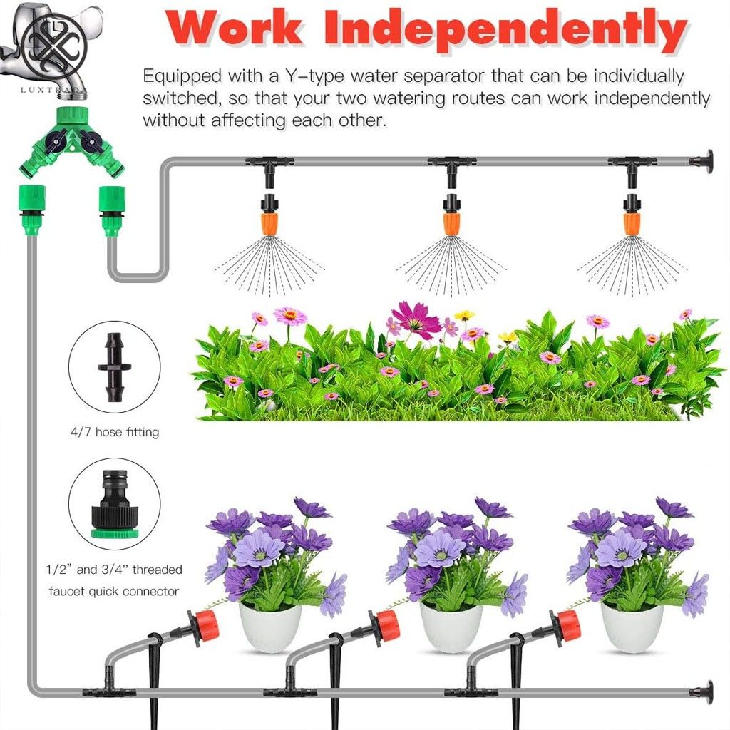 Luxtrada 100FT Garden Automatic Drip Irrigation Set，30m Adjustable Micro DIY Irrigation Kit Plant Water Saving System，1/4