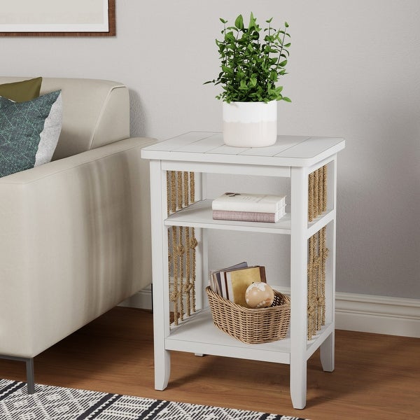 COSIEST White Solid Wood End Table with Hemp Ropes for Living Room