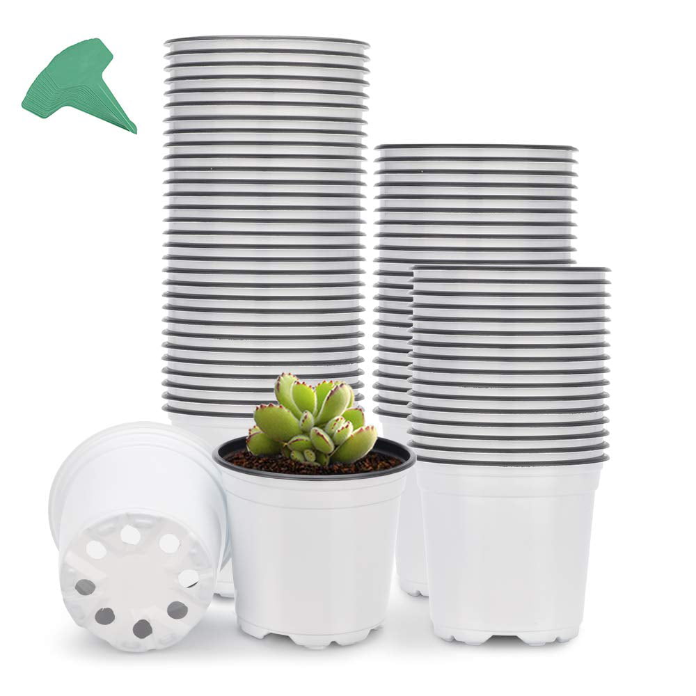 GROWNEER 120 Packs 4 Inches Plastic Plant Nursery Pots with 15 Pcs Plant Labels, Seed Starting Pot Flower Plant Container for Succulents, Seedlings, Cuttings, Transplanting, White