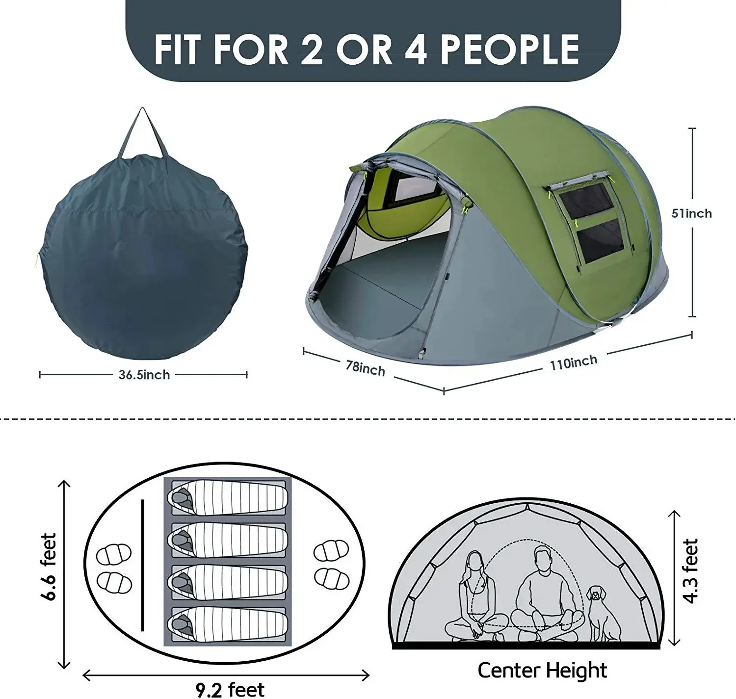 4 Person Waterproof  2 Doors Family Tents Easy Pop Up Tent for Camping Hiking Traveling