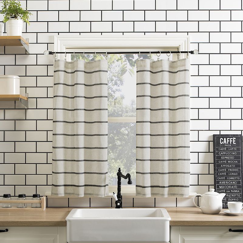 Clean Window Twill Stripe Anti-Dust Semi-Sheer Kitchen Curtain Tier Pair