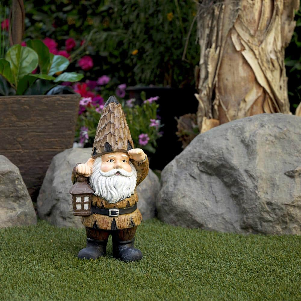 Alpine Corporation 16 in. H Indoor/Outdoor Garden Gnome with Lantern Statue, Brown YEN578HH