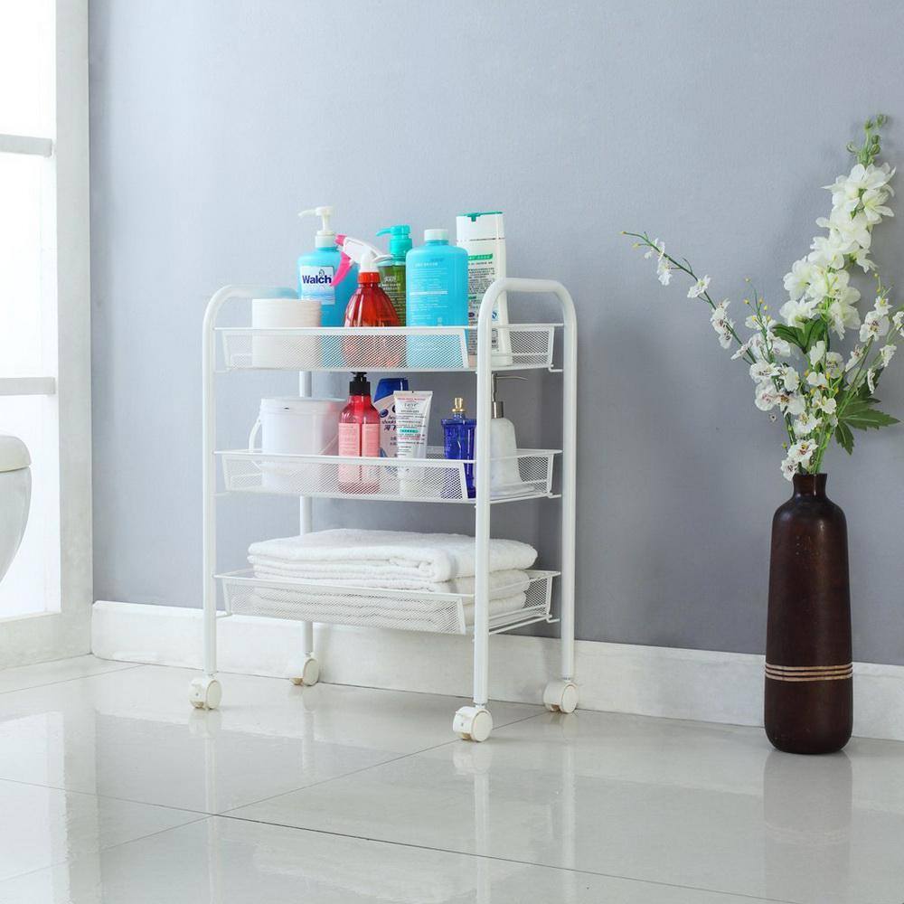 Karl home Modern Iron Multi-Functional 4-Wheeled Storage Cart in White 302589548295