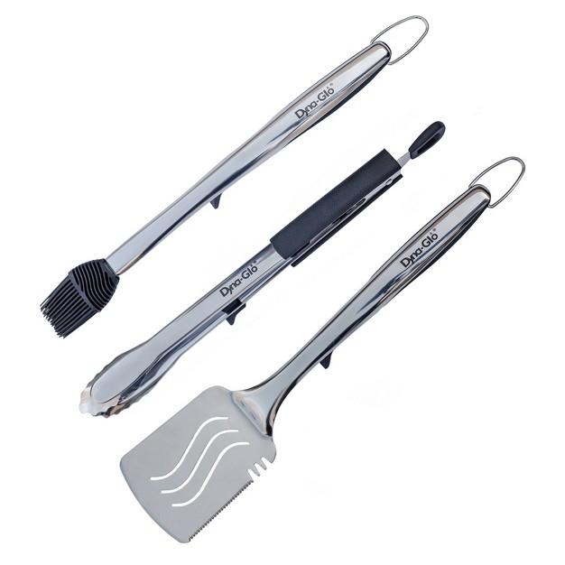 Dyna glo 3pc Stainless Steel Tong Spatula And Basting Brush With Stands Grill Set