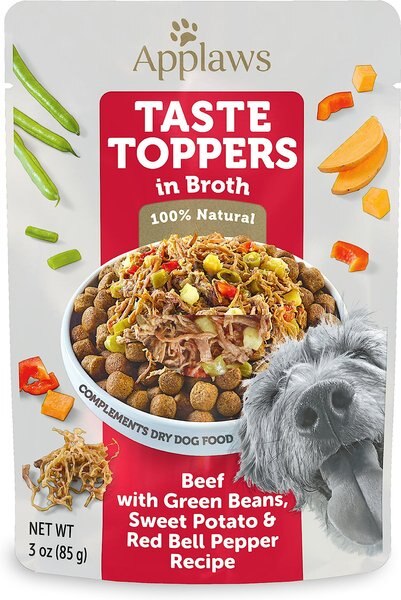 Applaws Taste Toppers Beef， Green Beans， Pepper and Sweet Potato in Broth Wet Dog Food Topper， 3-oz pouch